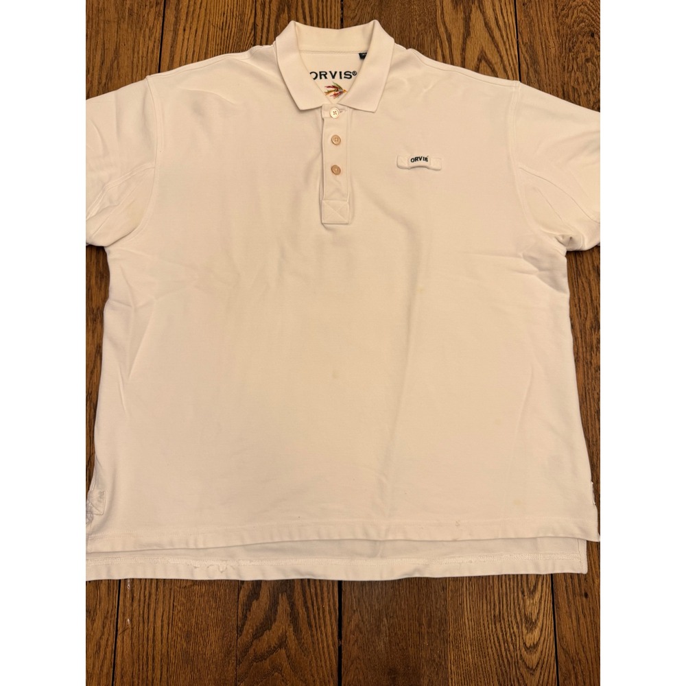 Orvis Polo Shirt Mens XL Cream Short Sleeve Pique Fly Fishing Logo Golf Casual